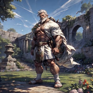  a strong man, white hair, beard, tough, (full body shot), wearing white toga, standing on the lawn, ancient garden, HD resolution, highly detailed, realistic, dynamic action.