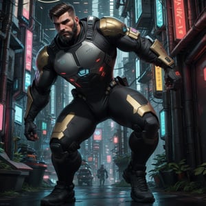 a muscular man, patternbodysuit, bodysuit, gold, & black surcoat over his cybersuit, short hair, beard, tough, stocky, fierce eyes, strong chin, and sharp facial contours, (full body shot), standing at the science fiction city, dynamic pose, action_pose, 4k definition, HD resolution, highly detailed, realistic, dynamic action, handsome face beard.,VPL,Hyper detailed muscle,FuturEvoLab-Lora-Cyberpunk,stealthtech