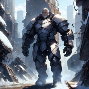 a muscular man, white hair, facial hair, heavy metal armor, rough, tall, science fiction background, mechanical city, (full body shot), HD resolution, highly detailed, dynamic action.