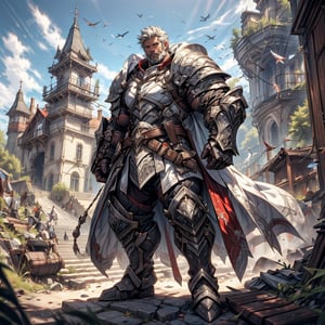 a muscular man, white hair, facial hair, warrior, heavy armor, wide sword, rough, tall, metal pteruges, (full body shot), in front of the dark castle, HD resolution, highly detailed, dynamic action.