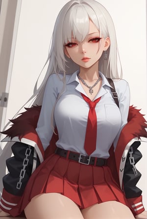 1girl, looking at viewers, solo, source anime, (symmetrical eyes), (amazing quality), white hair, best aesthetic, red eyes, BREAK, focus on face,  belts, chains, necklace, (fur-trimmed jacket), (off shoulder), half-closed eyes, masterpiece, high contrast, absurdres, 8k, (school_uniform), very long hair, class_room, skirt school, school uniform, selfie, red uniform, 

