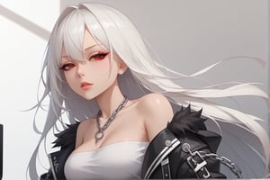 1girl, looking at viewers, solo, source anime, (symmetrical eyes), (amazing quality), white hair, best aesthetic, red eyes, BREAK, focus on face,  belts, chains, necklace, (fur-trimmed jacket), black jacket, (off shoulder), half-closed eyes, masterpiece, high contrast, absurdres, 8k, (school_uniform), very long hair, class_room, skirt school, 
