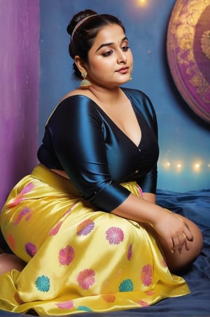 , full body,  curve figure, heavy chubby body view,home ,spread legs,Beautiful chubby young attractive Indian teenage chubby girl morden plus size, big heavy clavage chubby girl 35 years old cute Instagram model , messy bun hair style,black hair, colourful hair, warm , wearing a big heavy clavage satin blouse, loose satin sparkle design petticoat , full chubby body view ,soakingwetclothes ,LuminescentCL, nose pin and hair band ,REALISTIC,VidyaBalan
