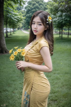 {{best quality}}, {{masterpiece}}, {{ultra-detailed}}, {illustration}, {detailed light}, {an extremely delicate and beautiful}, a girl,  messy floating hair, ,beautiful girl posing in winding,holding,yellow flowers , feminine , yellow flowers trees background, depth of field,acmm ss outfit,Myanmar,PrettyLadyxmcc, full_body, white plane dress, standing, Truning Front view