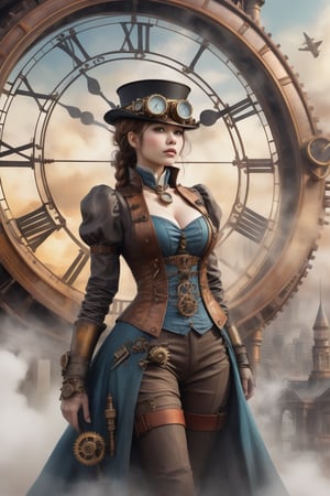 high quality, 8K Ultra HD, high detailed, Steampunk Time Voyager, Watercolor, wash technique, colorful, blurry, smudge outline, like a fairy tale, The protagonist, a courageous young beautiful woman adorned in a blend of vintage and futuristic attire, Embark on a thrilling journey through time in a steampunk-infused world, where past and future intertwine in perfect unison, This intricate digital art piece captures the essence of a daring time voyager exploring a Victorian-era metropolis with a steampunk twist, stands atop a colossal clock tower adorned with ornate cogs and gears, propelled by precise mechanical propellers, The city's architecture harmoniously blends classic Victorian elegance with intricate steampunk machinery, resulting in a visually captivating juxtaposition, by yukisakura, awesome full color,