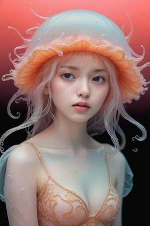 Portrait of a ghostly jellyfish, shiny aura, highly detailed, gold filigree, intricate motifs, organic tracery, by Android jones, Januz Miralles, Hikari Shimoda, glowing stardust by W. Zelmer, perfect composition, smooth, sharp focus, sparkling particles, lively coral reef background Realistic, realism, hd, 35mm photograph, 8k), masterpiece, award winning photography, natural light, perfect composition, high detail, hyper realistic,,,,<lora:659095807385103906:1.0>