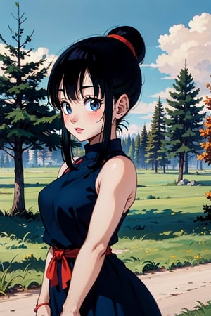 (medium shot), female_solo, black hair, tree, outdoors, dress, black eyes, hair bun, earrings, sky, cloud, single hair bun, day, jewelry, anime artstyle, bangs, bikini, chi-chi from Dragon ball z, 