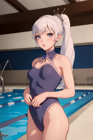 Medium shot), alone, 1 girl, colorful image, Swissvale, outside, pool, small smile, looking at viewer, ponytail, scar on eye, Weiss Mistral, weiss_schnee, swimsuit,weiss schnee, long hair