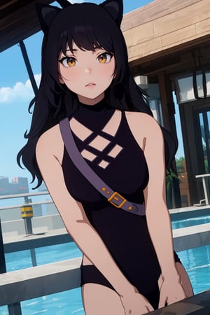 medium shot), solo, 1girl, blake belladonna, expressionless, closed mouth, looking at viewer, black hair bow, ,Blake_RWBY,swimsuit