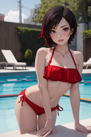 Medium shot), solo, 1girl, ruby rose, Ruby_RWBY, rwby, cute smile, Silver_eyes,grey_eyes, looking at viewer, (perfect hands), outside, pool, red bikini, red clothes 