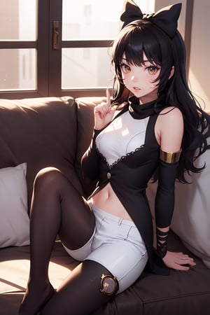 medium shot), solo, 1girl, blake belladonna, Black_Rwby, expressionless, closed mouth, five fingers, looking at viewer, inside, living room, golden eyes, gold eyes, black hair bow, white shirt, detached sleeve, pantyhose, leg wear under white shorts