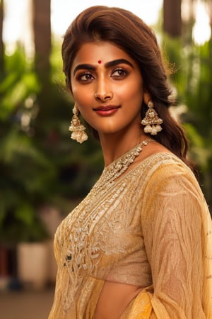 Close-up shot of Pooja Hegde's striking features, framed by a soft focus to emphasize her delicate skin and piercing gaze. Natural light illuminates her profile, casting a subtle glow on the contours of her face. The 4K resolution captures every detail, from the gentle curve of her eyebrows to the inviting smile that hints at a mischievous personality. Pooja's eyes sparkle like diamonds in this high-definition portrait, radiating confidence and charisma.