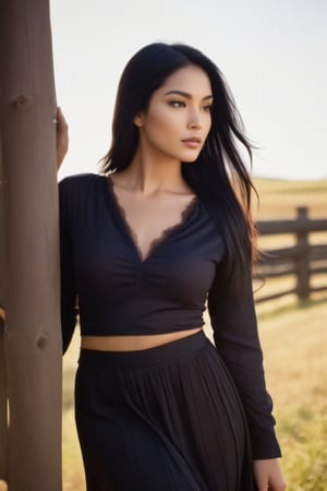 The woman has expressive almond-shaped dark brown eyes, a warm honey-brown complexion, and long, straight black hair that falls gracefully past her shoulders. She has a slender yet curvy figure, and her confident, poised demeanor enhances her natural elegance.

The woman stands casually against a rustic wooden fence, her dark brown eyes reflecting the afternoon sunlight. She's wearing a deep neck back lace blouse and an ankle-length skirt, her long, straight black hair gently swaying in the breeze. The best picture quality captures her face in a three-quarter left profile.


