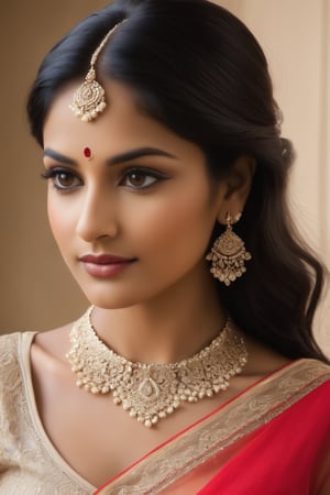 A stunning 30-year-old Indian woman stands gracefully, exuding elegance and confidence. She has striking dark brown eyes that captivate with their depth and intensity, framed by long, thick eyelashes. Her long, wavy black hair cascades over her shoulders, contrasting beautifully with her smooth, warm brown skin. She wears a deep-neck mini blouse that highlights her slender neck and collarbones, paired with a flowing ankle-length skirt that accentuates her graceful figure. The intricate lace details of the blouse add a touch of sophistication, while her overall appearance radiates timeless beauty and poise.