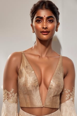 A stunning hyper-realistic portrait of Pooja Hegde, rendered in vivid 4K detail. The camera captures her entire figure, showcasing her radiant white-pale skin as she stands confidently in front of a subtle gradient background. Her clothes are open, revealing a hint of tantalizing flesh, while the soft lighting accentuates the curves and contours of her physique.,perfecteyes eyes,photo of perfecteyes eyes