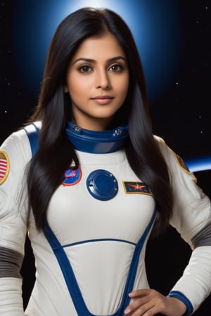  Anjali has mesmerizing dark brown eyes that sparkle with intelligence and curiosity. Her straight, long black hair flows gracefully down her back, contrasting beautifully with her soft, caramel-brown complexion. She has a medium build with a graceful posture, radiating confidence and poise.

 Anjali sits on the moon's surface in her space suit, her dark brown eyes reflecting the vast expanse of space. Her helmet is off, revealing her straight, long black hair that flows freely in the low gravity. The Earth can be seen in the background.


