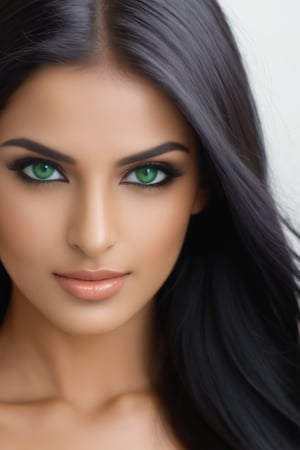 Nisha's striking green eyes are rare and captivating, often drawing attention wherever she goes. Her straight, long black hair is sleek and shiny. She has a tall, athletic build, and her skin has a smooth, olive tone.