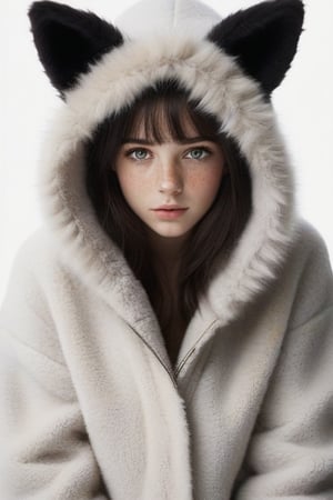 dark hair,  gray eyes,  freckles,  1girl, 20 years old,  white background,  fuzzy jacket,  open coat,  animal hood,
 ,Lisa