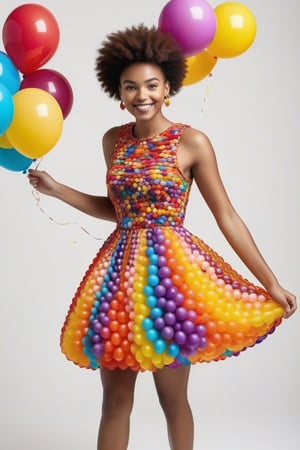 A 20-year-old girl wearing a dress made of vibrant, colorful balloons. The balloons are arranged in a playful and whimsical pattern, creating a fun and eye-catching outfit. She stands confidently against a clean, white background, the bright colors and unique texture of the balloon dress making a bold statement. Her expression is playful and energetic, reflecting the joyful and creative nature of her attire.,Lisa