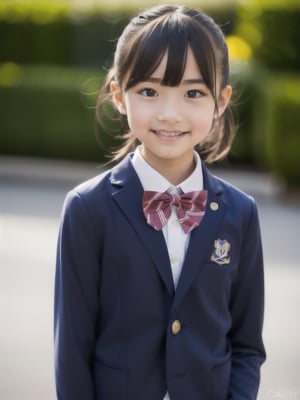 Alone, Beautiful Face, Delicate Girl,  (Dark Navy Blazer Jacket), Dark Navy Skirt, Long Sleeves, grace, sophisticated, cute, teen, looking at the viewer, 15 years old, RAW photo, confused, high resolution, sharp focus, bow tie, backg round bokeh,(((flat , slender and delicate body, child -like atmosphere))), her shiny medium-long hair is tied, hair swaying in the wind, a small mole on her left cheek, dark brown eyes, whole body, random poses, Skirt fluttering in the wind, junior idol, Nogizaka Idol, wide skirt, very fanny smile, 