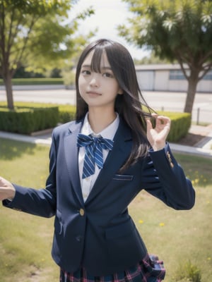 (Masterpiece, Best Quality:1.4), Award-Winning Portrait, 8k, 85mm, Alone, Beautiful Face, Delicate Girl, , (Dark Navy Blazer Jacket), Dark Navy Skirt, Long Sleeves, Viola Lace, Gardenia, grace, sophisticated, cute, teen, looking at the viewer, 15 years old, RAW photo, confused, high resolution, sharp focus, bow tie, backg round bokeh,(((flat , slender and delicate body, child -like atmosphere))), her shiny medium-long hair is tied, hair swaying in the wind, a mole on her left cheek, large, round, dark brown eyes, whole body, random poses, running, sprinting, Skirt fluttering in the wind, junior idol, Nogizaka Idol, wide skirt, jump, mole under the eye, sexy,school uniform,skirt_lift