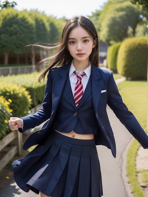 (Masterpiece, Best Quality:1.4), Award-Winning Portrait, 8k, 85mm, Alone, Beautiful Face, Delicate Girl, , (Dark Navy Blazer Jacket), Dark Navy Skirt, Long Sleeves, Viola Lace, Gardenia, grace, sophisticated, cute, teen, looking at the viewer, 15 years old, RAW photo, confused, high resolution, sharp focus, bow tie, backg round bokeh,(((flat , slender and delicate body, child -like atmosphere))), her shiny medium-long hair is tied, hair swaying in the wind, a mole on her left cheek, large, round, dark brown eyes, whole body, random poses, running, sprinting, Skirt fluttering in the wind, junior idol, Nogizaka Idol, wide skirt, jump, mole under the eye, sexy,school uniform,skirt_lift,jp_school_uniform