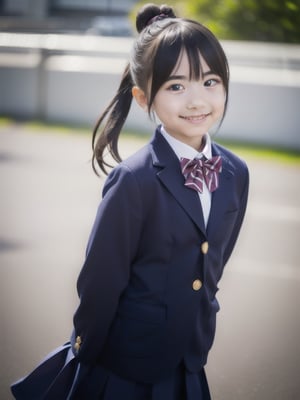Alone, Beautiful Face, Delicate Girl,  (Dark Navy Blazer Jacket), Dark Navy Skirt, Long Sleeves, grace, sophisticated, cute, teen, looking at the viewer, 15 years old, RAW photo, confused, high resolution, sharp focus, bow tie, backg round bokeh,(((flat , slender and delicate body, child -like atmosphere))), her shiny medium-long hair is tied, hair swaying in the wind, a small mole on her left cheek, dark brown eyes, whole body, random poses, Skirt fluttering in the wind, junior idol, Nogizaka Idol, wide skirt, very fanny smile, 