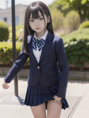  (Dark Navy Blazer Jacket), Dark Navy Skirt, Long Sleeves, looking at the viewer, 15 years old,  bow tie, backg round bokeh,(((flat breast, slender and delicate body, child -like atmosphere))), her shiny medium-long hair is back tied, hair swaying in the wind, large, round, dark brown eyes, whole body, random poses, Skirt fluttering in the wind peer panty, she looks like junior idol, an one small mole under the eye, sexy,school uniform,skirt_lift, she running to me,cameltoe,ARN75W,japanese girl,azndoll