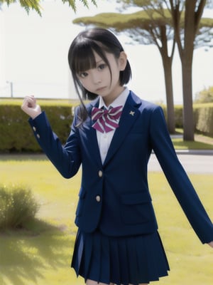  (Dark Navy Blazer Jacket), Dark Navy Skirt, Long Sleeves, looking at the viewer, 15 years old,  bow tie, backg round bokeh,(((flat breast, slender and delicate body, child -like atmosphere))), her shiny medium-long hair is back tied, hair swaying in the wind, large, round, dark brown eyes, whole body, random poses, Skirt fluttering in the wind peer panty, she looks like junior idol, an one small mole under the eye, sexy,school uniform,skirt_lift, she running to me,cameltoe,ARN75W,japanese girl