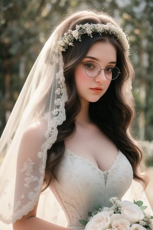 18 year old girl, in her first year of university, plump, tall, brunette, huge breasts, big nipples, big hips, long wavy hair, black hair, round glasses. dressed in beautiful wedding dress, white veil, bouquet of flowers,wedding dress,weddingdress