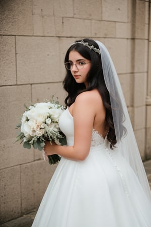 18 year old girl, in her first year of university, plump, tall, brunette, huge breasts, big nipples, big hips, long wavy hair, black hair, round glasses. dressed in beautiful wedding dress, white veil, bouquet of flowers, from behind