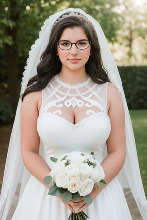 18 year old girl, in her first year of university, plump, tall, brunette, huge breasts, big nipples, big hips, long wavy hair, black hair, round glasses. dressed in beautiful wedding dress, white veil, bouquet of flowers, sexy dress, nipples visible