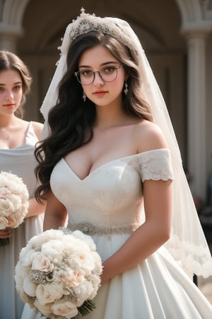 18 year old girl, in her first year of university, plump, tall, brunette, huge breasts, big nipples, big hips, long wavy hair, black hair, round glasses. dressed in beautiful wedding dress, white veil, bouquet of flowers,wedding dress,weddingdress