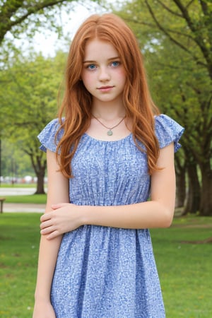 pretty young girl, 17 years old, cute face, hot body, wearing a cute flowered dress, perfect shot, perfect eyes, ginger hair, messy hair, long hair, cute necklace, some freckles on the skin, perfect mounth, no smile, sensual, at the park, half body, real photo, photorealistic, best quality, 8K, 4K, soft collors, dynamic positions, dynamic angles,
