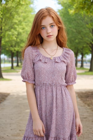 pretty young girl, 17 years old, cute face, hot body, wearing a cute flowered dress, perfect shot, perfect eyes, ginger hair, messy hair, long hair, cute necklace, some freckles on the skin, perfect mounth, no smile, sensual, at the park, half body, real photo, photorealistic, best quality, 8K, 4K, soft collors, dynamic positions, dynamic angles,
