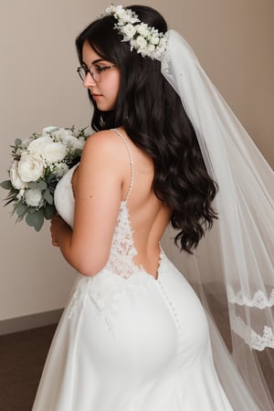 18 year old girl, in her first year of university, plump, tall, brunette, huge breasts, big nipples, big hips, long wavy hair, black hair, round glasses. dressed in beautiful wedding dress, white veil, bouquet of flowers, from behind