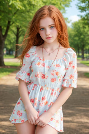 pretty young girl, 17 years old, cute face, hot body, wearing a cute flowered dress, perfect shot, perfect eyes, ginger hair, messy hair, long hair, cute necklace, some freckles on the skin, perfect mounth, no smile, sensual, at the park, half body, real photo, photorealistic, best quality, 8K, 4K, soft collors, dynamic positions, dynamic angles,
