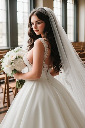 18 year old girl, in her first year of university, plump, tall, brunette, huge breasts, big nipples, big hips, long wavy hair, black hair, round glasses. dressed in beautiful wedding dress, white veil, bouquet of flowers, from behind,wedding dress