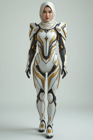 A girl wear emperor cyborg mecha suits, white color, gold stripes, wear hijab,TICERLORA,hanemperor23