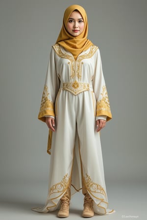 A girl wear emperor mecha suits, white color, gold stripes, wear hijab,TICERLORA,hanemperor23