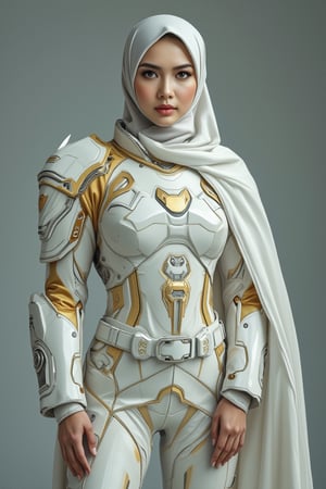 A girl wear emperor cyborg mecha suits, white color, gold stripes, wear hijab,TICERLORA,hanemperor23