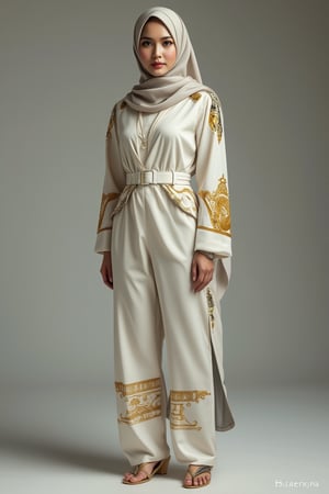 A girl wear emperor mecha suits, white color, gold stripes, wear hijab,TICERLORA,hanemperor23