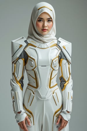 A girl wear emperor cyborg mecha suits, white color, gold stripes, wear hijab,TICERLORA,hanemperor23