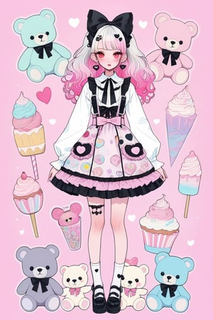 1girl,heavy makeup, earrings,candycore outfits,pastel aesthetic,Maximalism Pink Lolita Fashion,
Clothes with teddy bear prints inspired by Decora, cute pastel colors, Pastel purple,beautiful red eyes , heart,,emo,kawaiitech,dollskill,Full body, Stand straight
