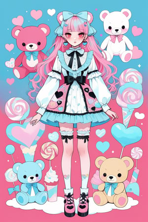 1girl,heavy makeup, earrings,candycore outfits,pastel aesthetic,Maximalism Pink Lolita Fashion,
Clothes with teddy bear prints inspired by Decora, cute pastel colors, Pastel Blue,
,beautiful red eyes , heart,,emo,kawaiitech,dollskill,Full body, Stand straight
