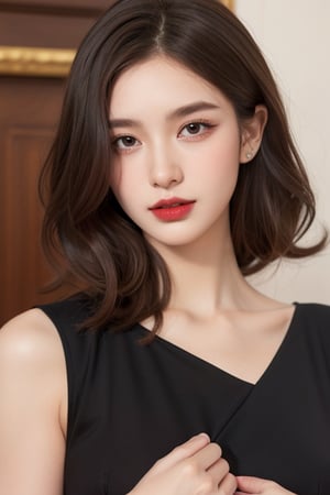 1girl, solo, brown hair, straight face straight ,half body
, black dress realistic , red lipstick
