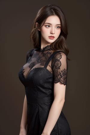 1girl, solo, brown hair,half body, black lace dress realistic