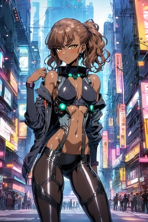 one african woman, (((dark skin))), sci-fi, cyberpunk, sexy bodysuit, (((partially clothed))), ultra quality, urban landscape, detailed, detailed background, (((masterpiece))), (((90s anime style))), (((uncesored))), (((sexy pose)))