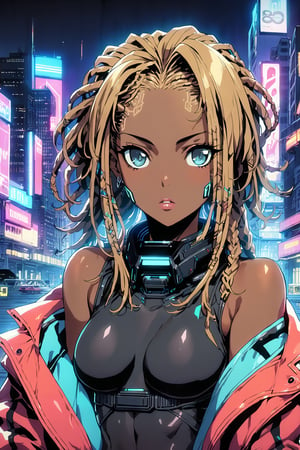 one african woman, (((dark skin))), (((dreadlocks))), sci-fi, cyberpunk, sexy bodysuit, (((partially clothed))), ultra quality, urban landscape, detailed, detailed background, (((masterpiece))), (((80s anime style))), (((uncesored))), (((portrait)))