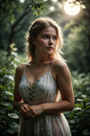 A serene night summer setting: a beautiful nordic woman posing in a stunning translucent sundress, the gentle moonlight streaming through its semi-sheer fabric, accentuating her curves and radiating warmth. The gentle moon casts a soft glow on her face, highlighting her features as she stands confidently amidst lush greenery.